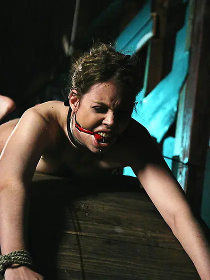 Brunette roped suspended racked