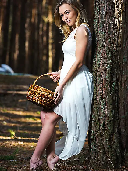 Cameraman takes pictures of sexy flame in white dress who gets c