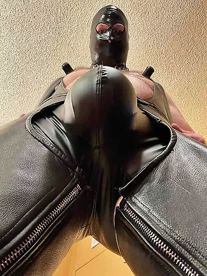 Leather chaps over spandex thong