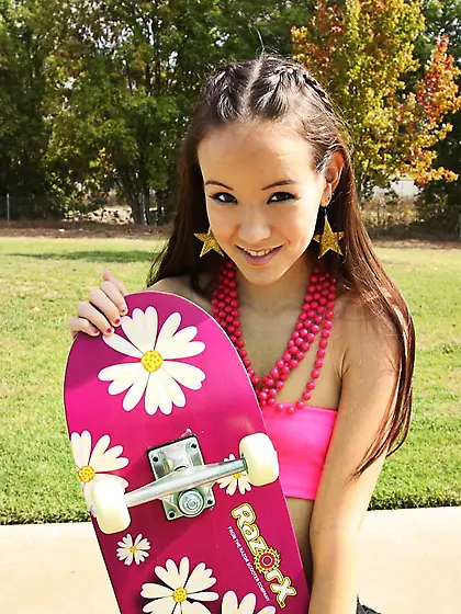 Skinny tiny titted teen Tiny Tabby with bald warm pussy gets har