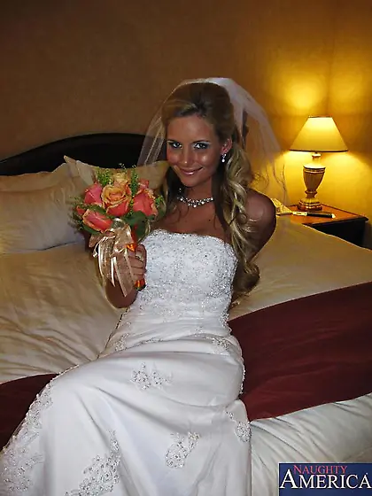 Horny bride Phoenix Marie is doing first blowjob on her beloved