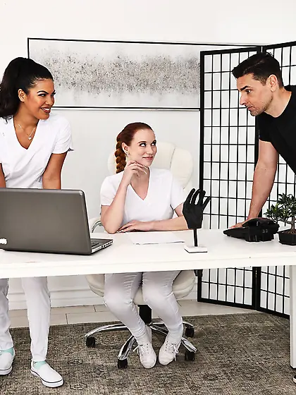 Maya Farrell and Madison Morgan getting fucked during a massage