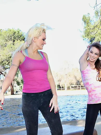 Lesbian girl Monica Mayhem moans when another chick licks her pu