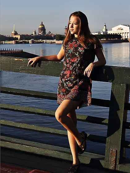 Fancy babe in fancy dress Eva Shanti came out to the dock and na