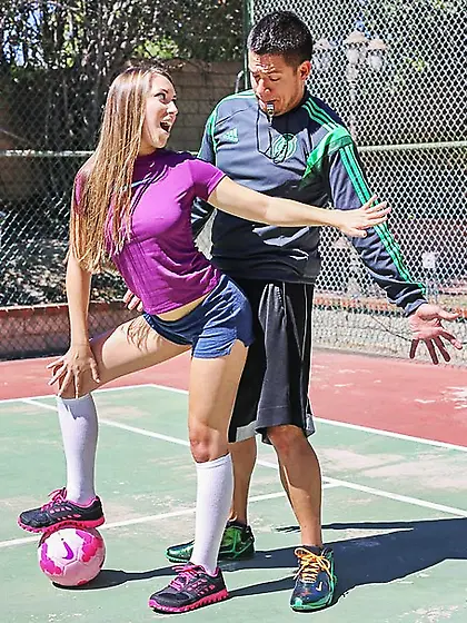 Sporty brunette play coach